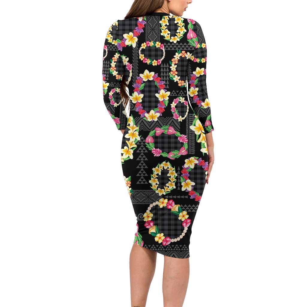 Hawaiian Kakau Tattoo Leis and Palaka Pattern Family Matching Long Sleeve Bodycon Dress and Hawaiian Shirt Traditional Aloha Tribal Black Color