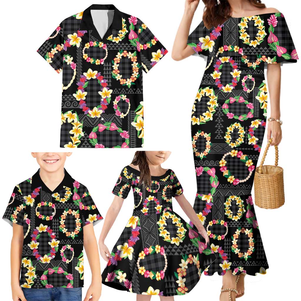 Hawaiian Kakau Tattoo Leis and Palaka Pattern Family Matching Mermaid Dress and Hawaiian Shirt Traditional Aloha Tribal Black Color LT03 - Polynesian Pride