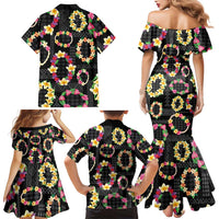 Hawaiian Kakau Tattoo Leis and Palaka Pattern Family Matching Mermaid Dress and Hawaiian Shirt Traditional Aloha Tribal Black Color