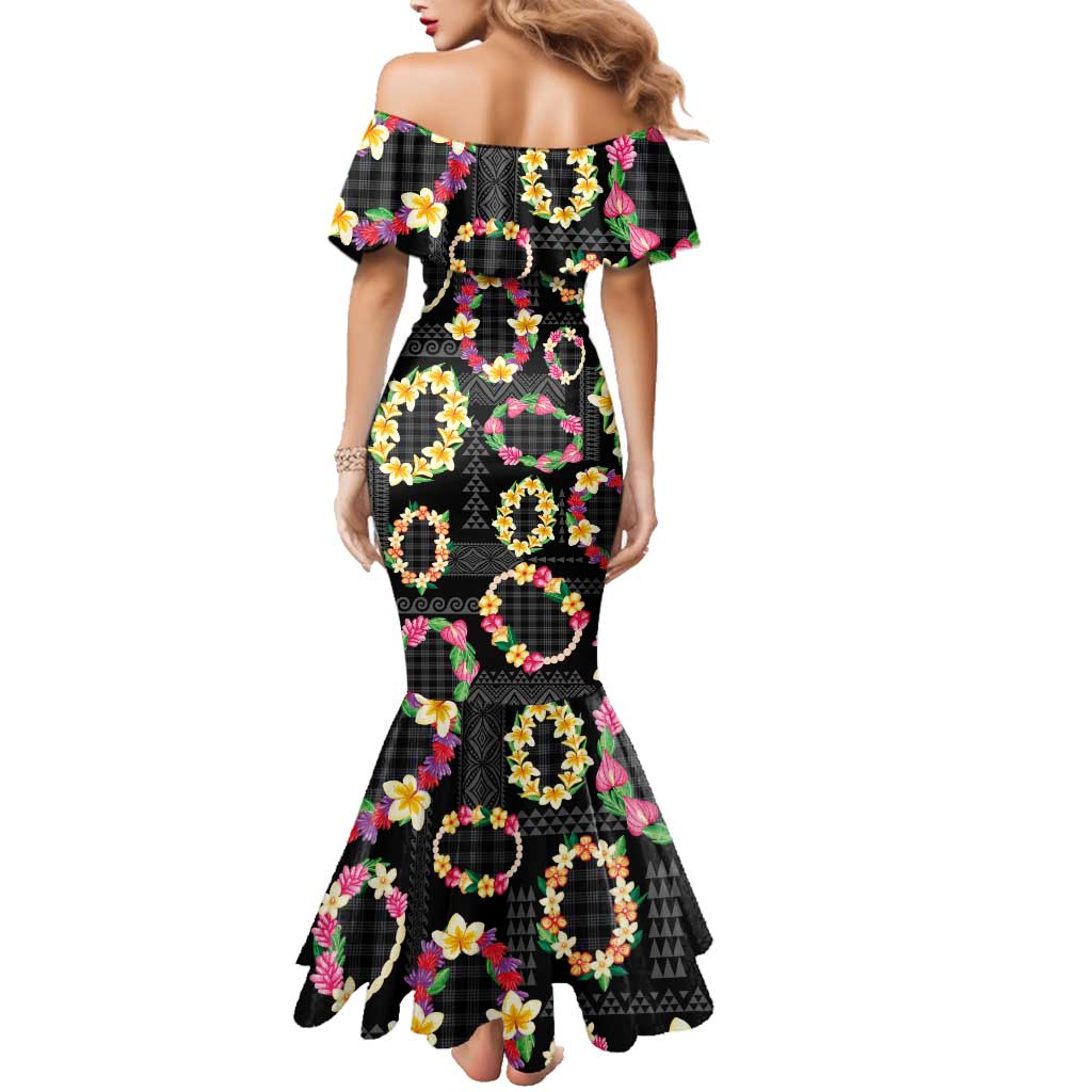 Hawaiian Kakau Tattoo Leis and Palaka Pattern Family Matching Mermaid Dress and Hawaiian Shirt Traditional Aloha Tribal Black Color