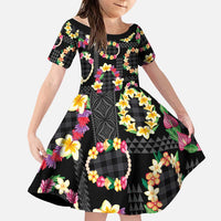 Hawaiian Kakau Tattoo Leis and Palaka Pattern Family Matching Off Shoulder Maxi Dress and Hawaiian Shirt Traditional Aloha Tribal Black Color