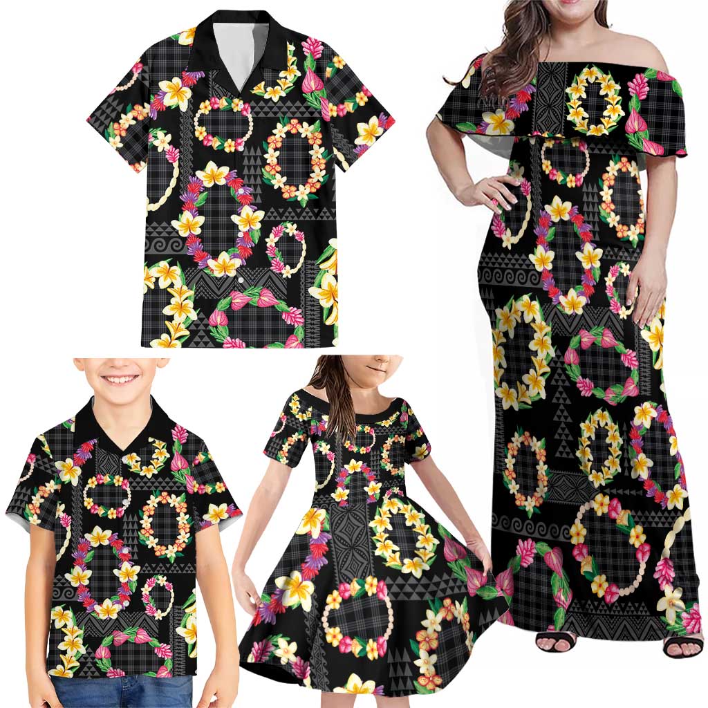 Hawaiian Kakau Tattoo Leis and Palaka Pattern Family Matching Off Shoulder Maxi Dress and Hawaiian Shirt Traditional Aloha Tribal Black Color LT03 - Polynesian Pride