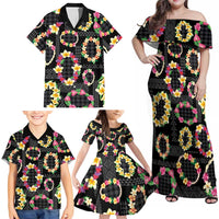 Hawaiian Kakau Tattoo Leis and Palaka Pattern Family Matching Off Shoulder Maxi Dress and Hawaiian Shirt Traditional Aloha Tribal Black Color