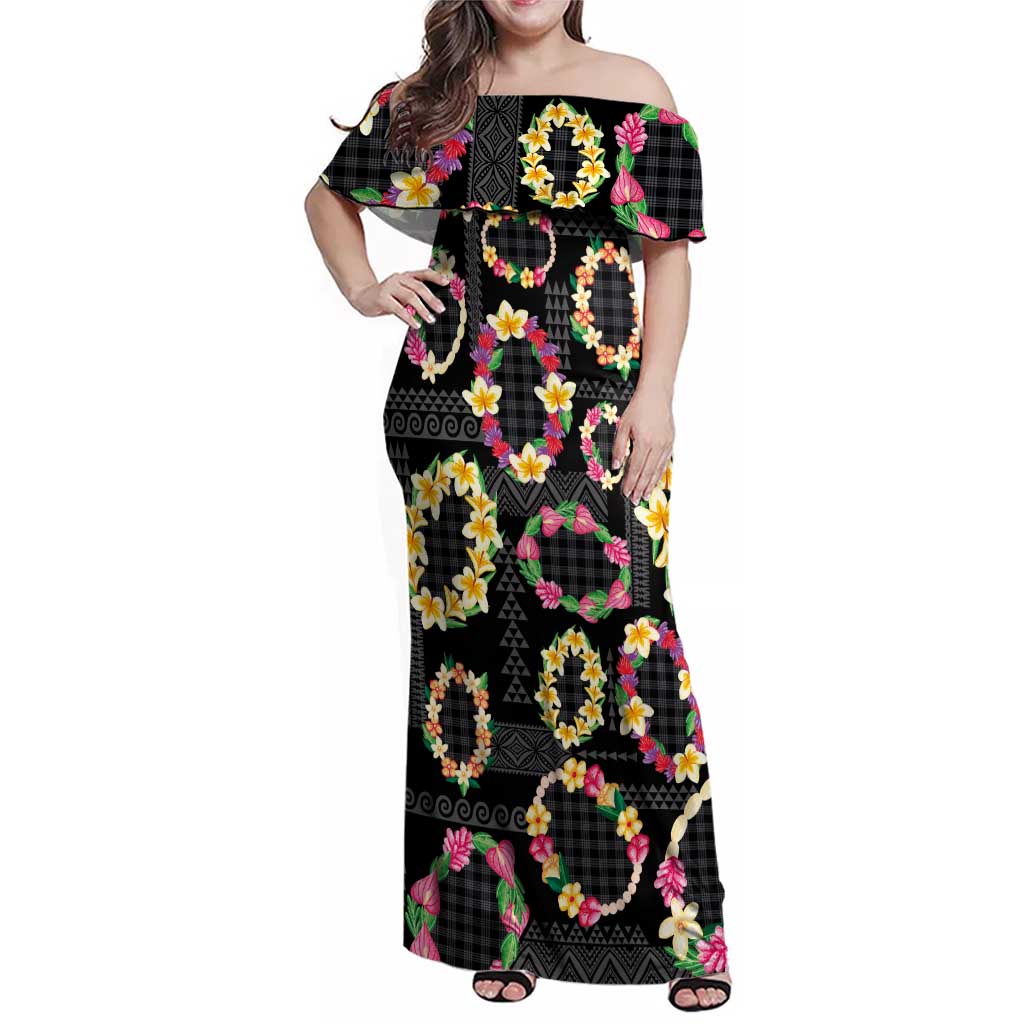 Hawaiian Kakau Tattoo Leis and Palaka Pattern Family Matching Off Shoulder Maxi Dress and Hawaiian Shirt Traditional Aloha Tribal Black Color