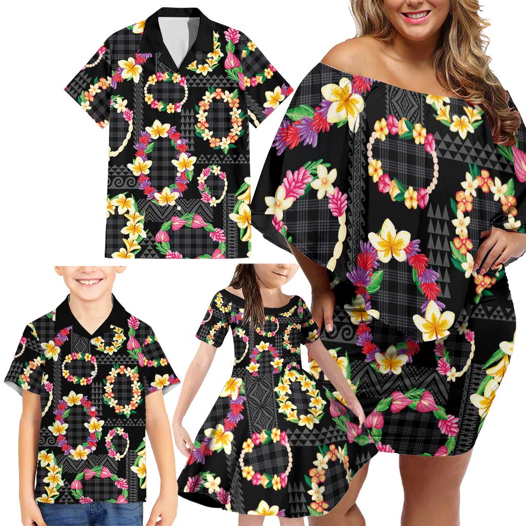 Hawaiian Kakau Tattoo Leis and Palaka Pattern Family Matching Off Shoulder Short Dress and Hawaiian Shirt Traditional Aloha Tribal Black Color LT03 - Polynesian Pride