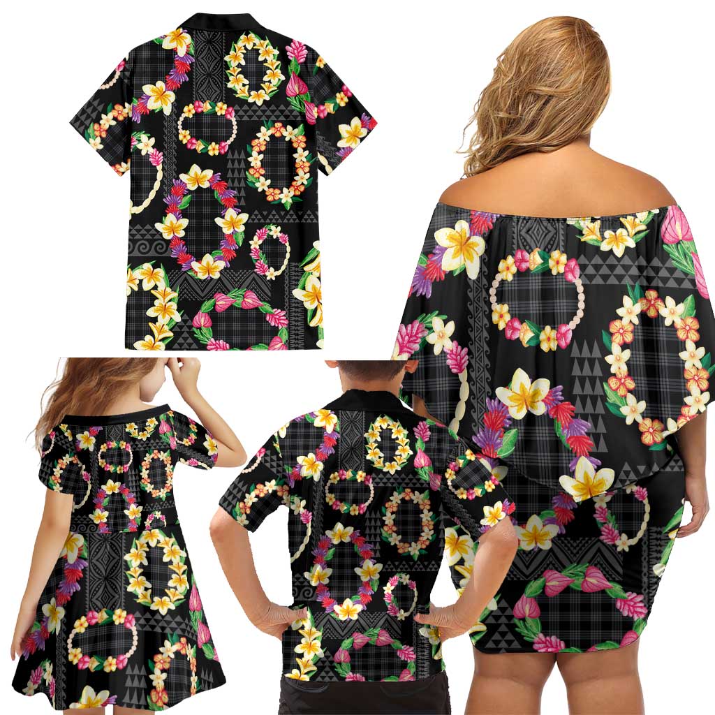 Hawaiian Kakau Tattoo Leis and Palaka Pattern Family Matching Off Shoulder Short Dress and Hawaiian Shirt Traditional Aloha Tribal Black Color