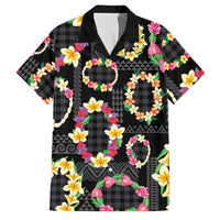 Hawaiian Kakau Tattoo Leis and Palaka Pattern Family Matching Off Shoulder Short Dress and Hawaiian Shirt Traditional Aloha Tribal Black Color