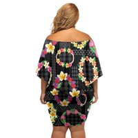Hawaiian Kakau Tattoo Leis and Palaka Pattern Family Matching Off Shoulder Short Dress and Hawaiian Shirt Traditional Aloha Tribal Black Color