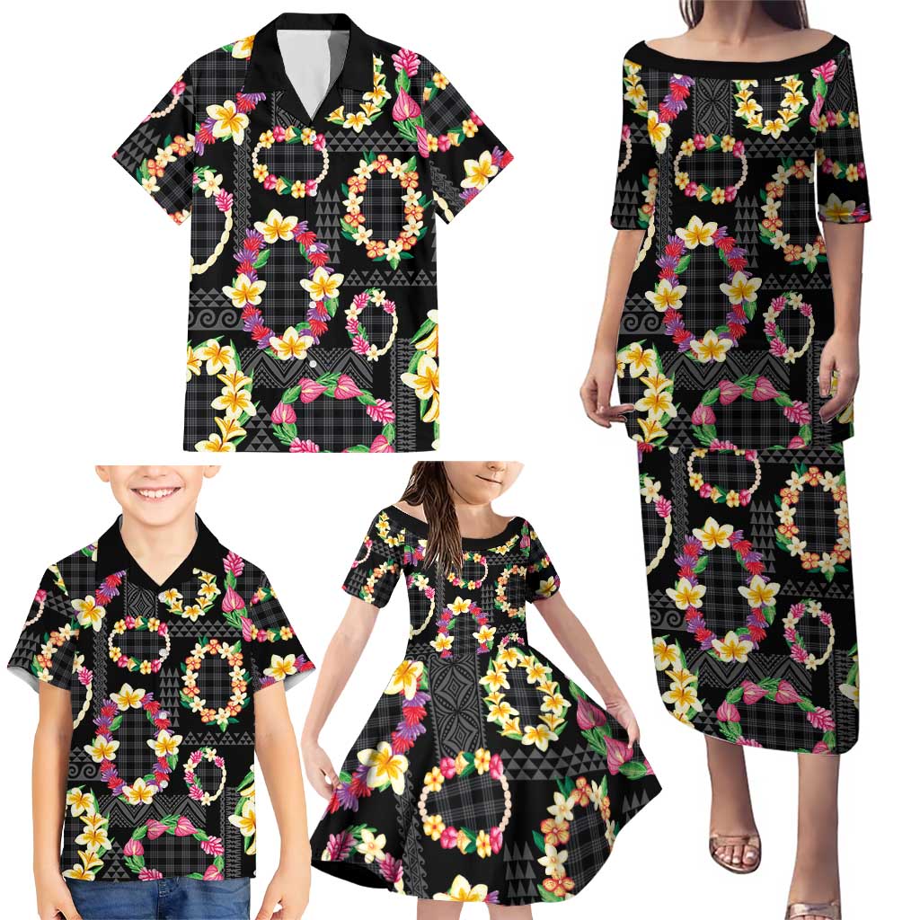 Hawaiian Kakau Tattoo Leis and Palaka Pattern Family Matching Puletasi and Hawaiian Shirt Traditional Aloha Tribal Black Color LT03 - Polynesian Pride