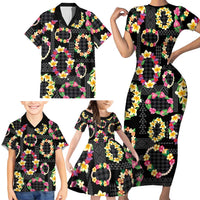 Hawaiian Kakau Tattoo Leis and Palaka Pattern Family Matching Short Sleeve Bodycon Dress and Hawaiian Shirt Traditional Aloha Tribal Black Color