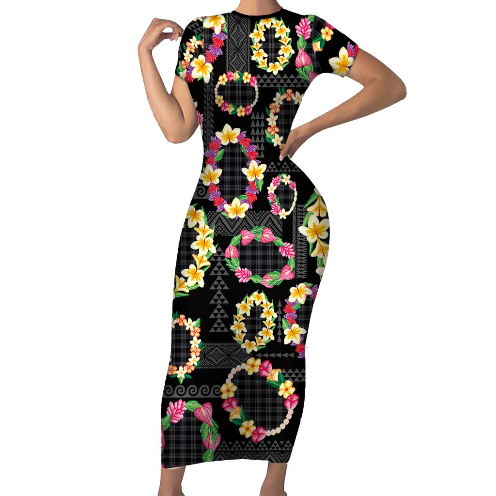 Hawaiian Kakau Tattoo Leis and Palaka Pattern Family Matching Short Sleeve Bodycon Dress and Hawaiian Shirt Traditional Aloha Tribal Black Color