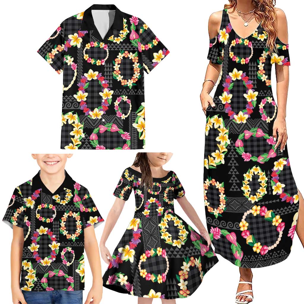 Hawaiian Kakau Tattoo Leis and Palaka Pattern Family Matching Summer Maxi Dress and Hawaiian Shirt Traditional Aloha Tribal Black Color