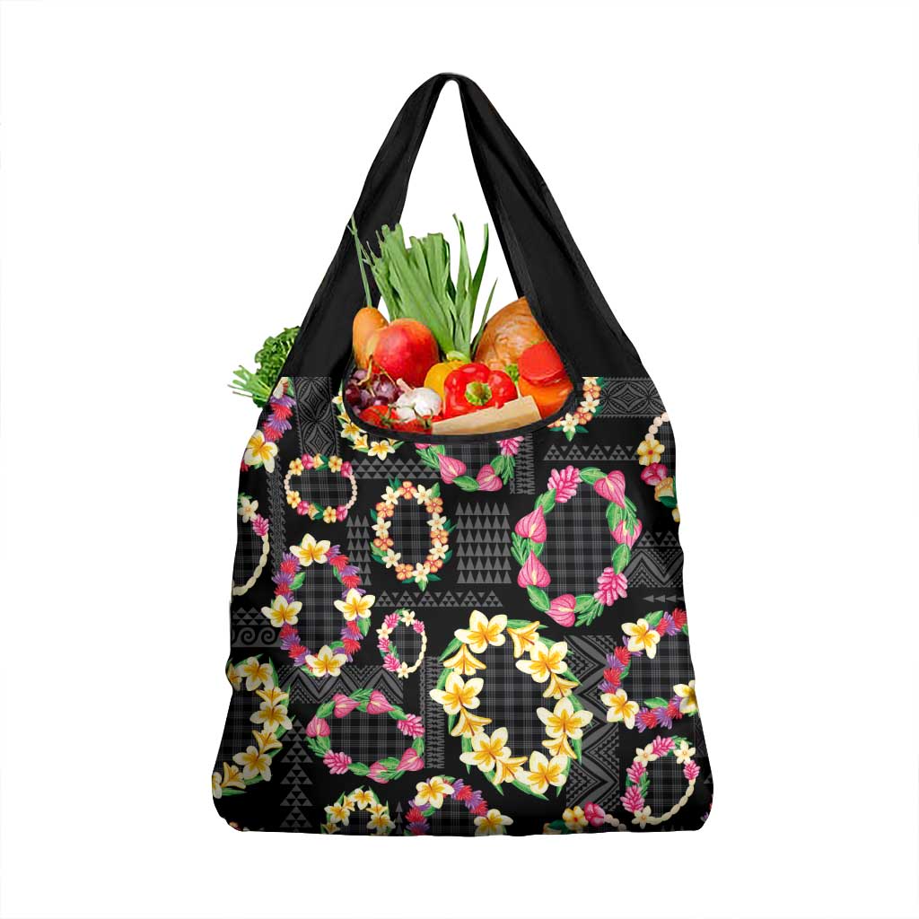 Hawaiian Kakau Tattoo Leis and Palaka Pattern Grocery Bag Traditional Aloha Tribal Black Color