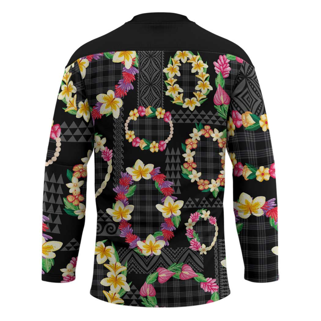 Hawaiian Kakau Tattoo Leis and Palaka Pattern Hockey Jersey Traditional Aloha Tribal Black Color