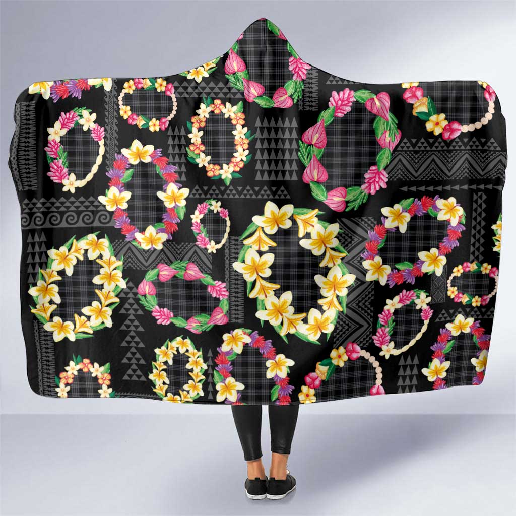 Hawaiian Kakau Tattoo Leis and Palaka Pattern Hooded Blanket Traditional Aloha Tribal Black Color
