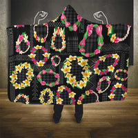 Hawaiian Kakau Tattoo Leis and Palaka Pattern Hooded Blanket Traditional Aloha Tribal Black Color