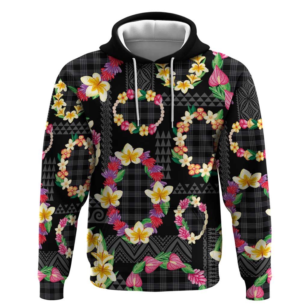 Hawaiian Kakau Tattoo Leis and Palaka Pattern Hoodie Traditional Aloha Tribal Black Color