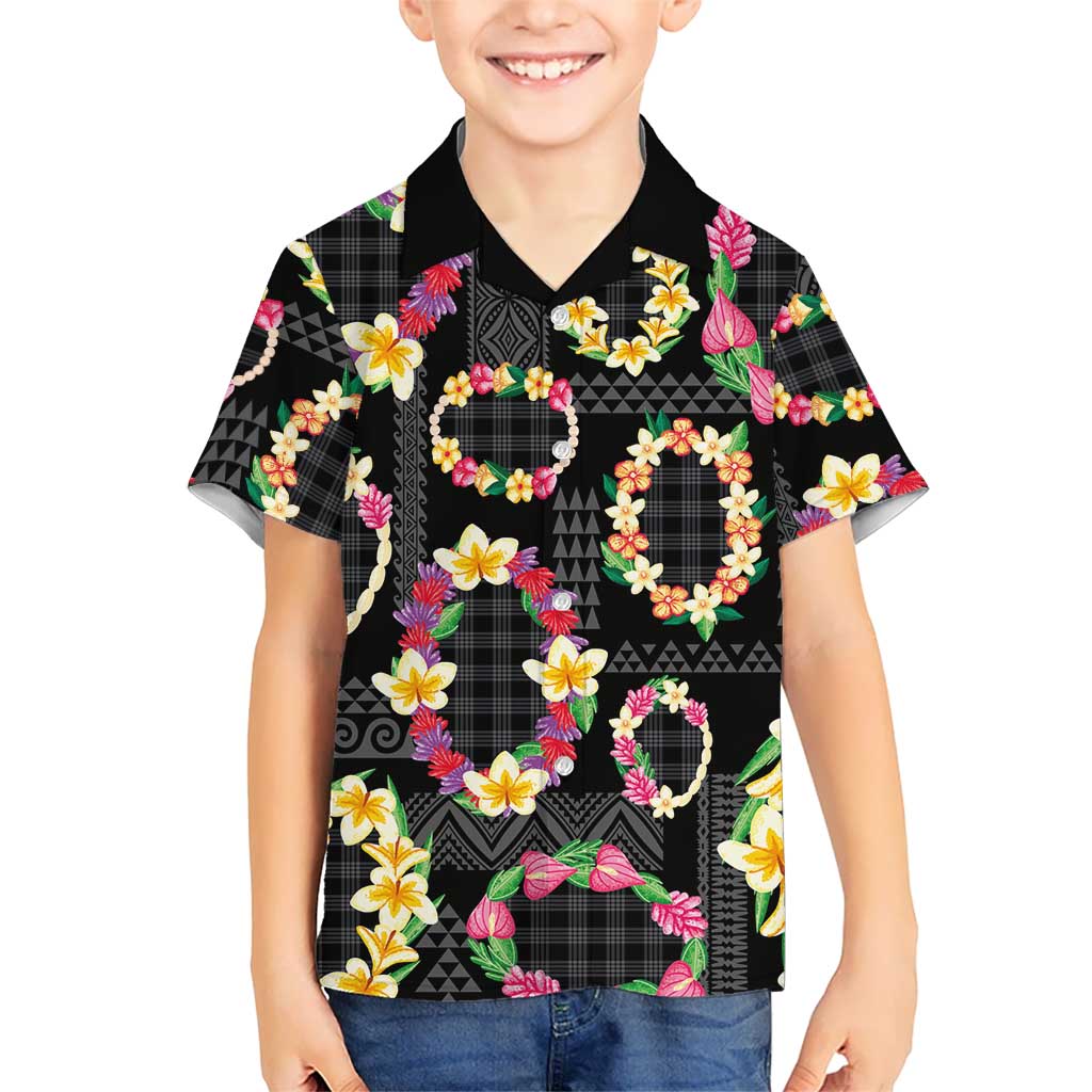 Hawaiian Kakau Tattoo Leis and Palaka Pattern Kid Hawaiian Shirt Traditional Aloha Tribal Black Color