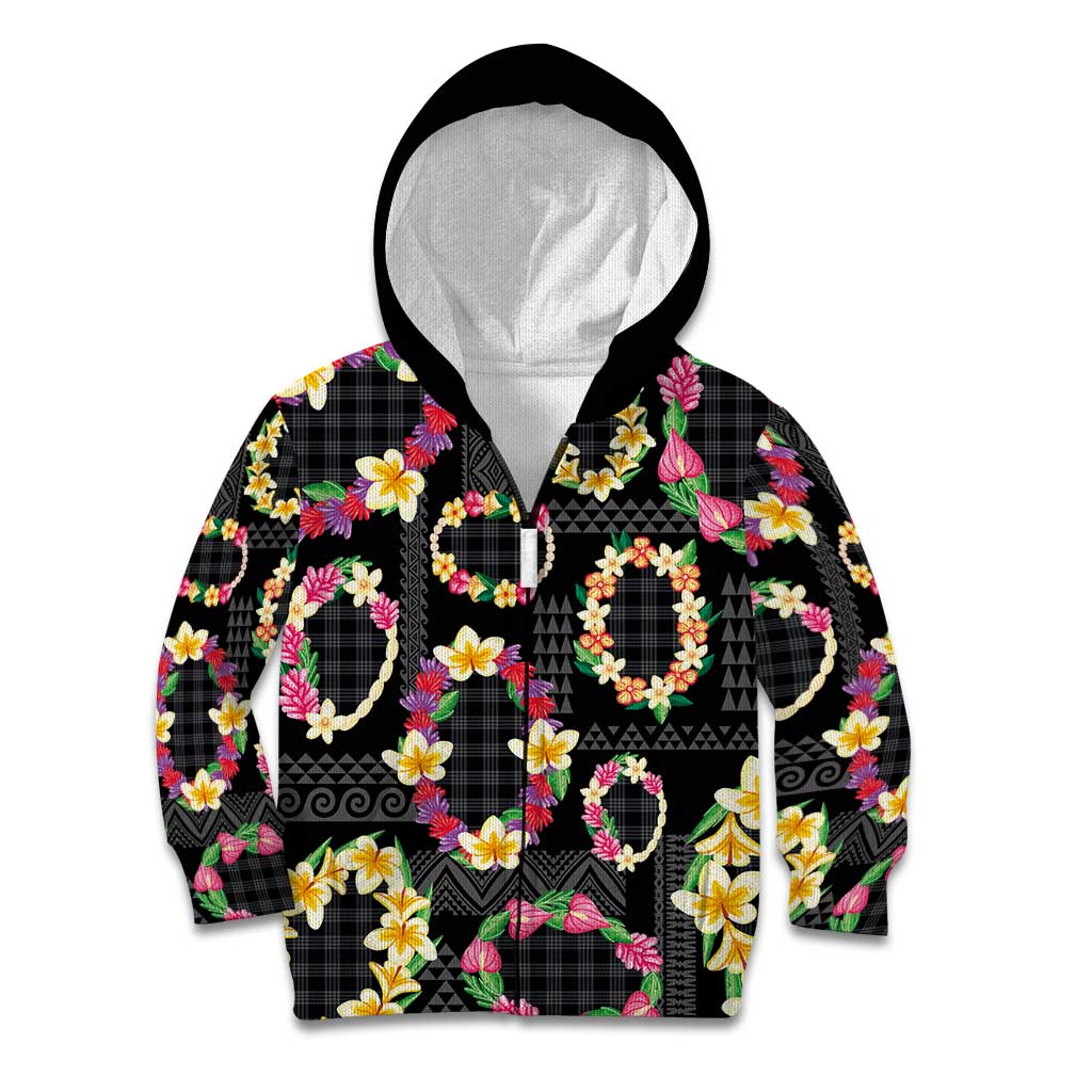 Hawaiian Kakau Tattoo Leis and Palaka Pattern Kid Hoodie Traditional Aloha Tribal Black Color
