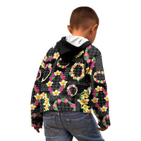 Hawaiian Kakau Tattoo Leis and Palaka Pattern Kid Hoodie Traditional Aloha Tribal Black Color