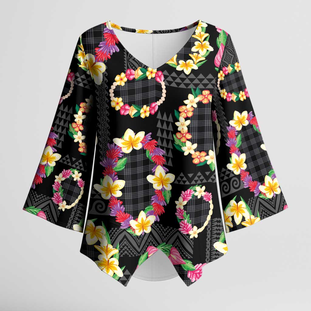 Hawaiian Kakau Tattoo Leis and Palaka Pattern Kimono Sleeve Blouse Traditional Aloha Tribal Black Color