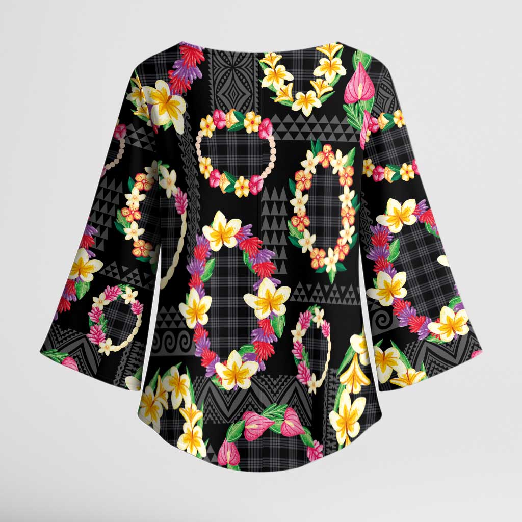 Hawaiian Kakau Tattoo Leis and Palaka Pattern Kimono Sleeve Blouse Traditional Aloha Tribal Black Color