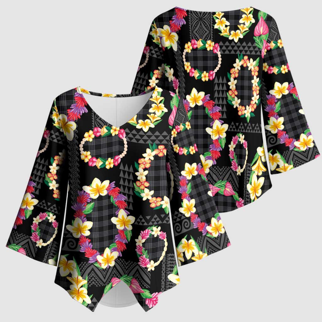 Hawaiian Kakau Tattoo Leis and Palaka Pattern Kimono Sleeve Blouse Traditional Aloha Tribal Black Color