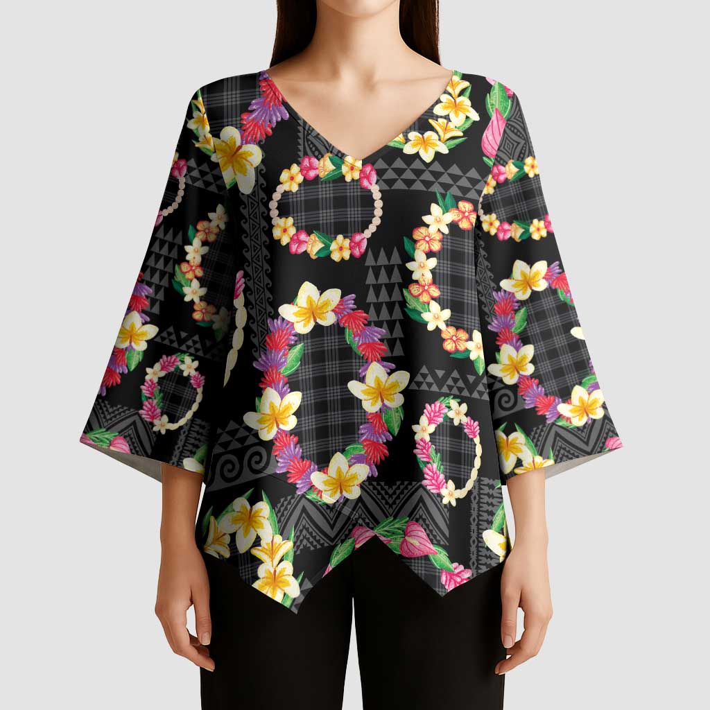Hawaiian Kakau Tattoo Leis and Palaka Pattern Kimono Sleeve Blouse Traditional Aloha Tribal Black Color