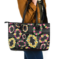 Hawaiian Kakau Tattoo Leis and Palaka Pattern Leather Tote Bag Traditional Aloha Tribal Black Color