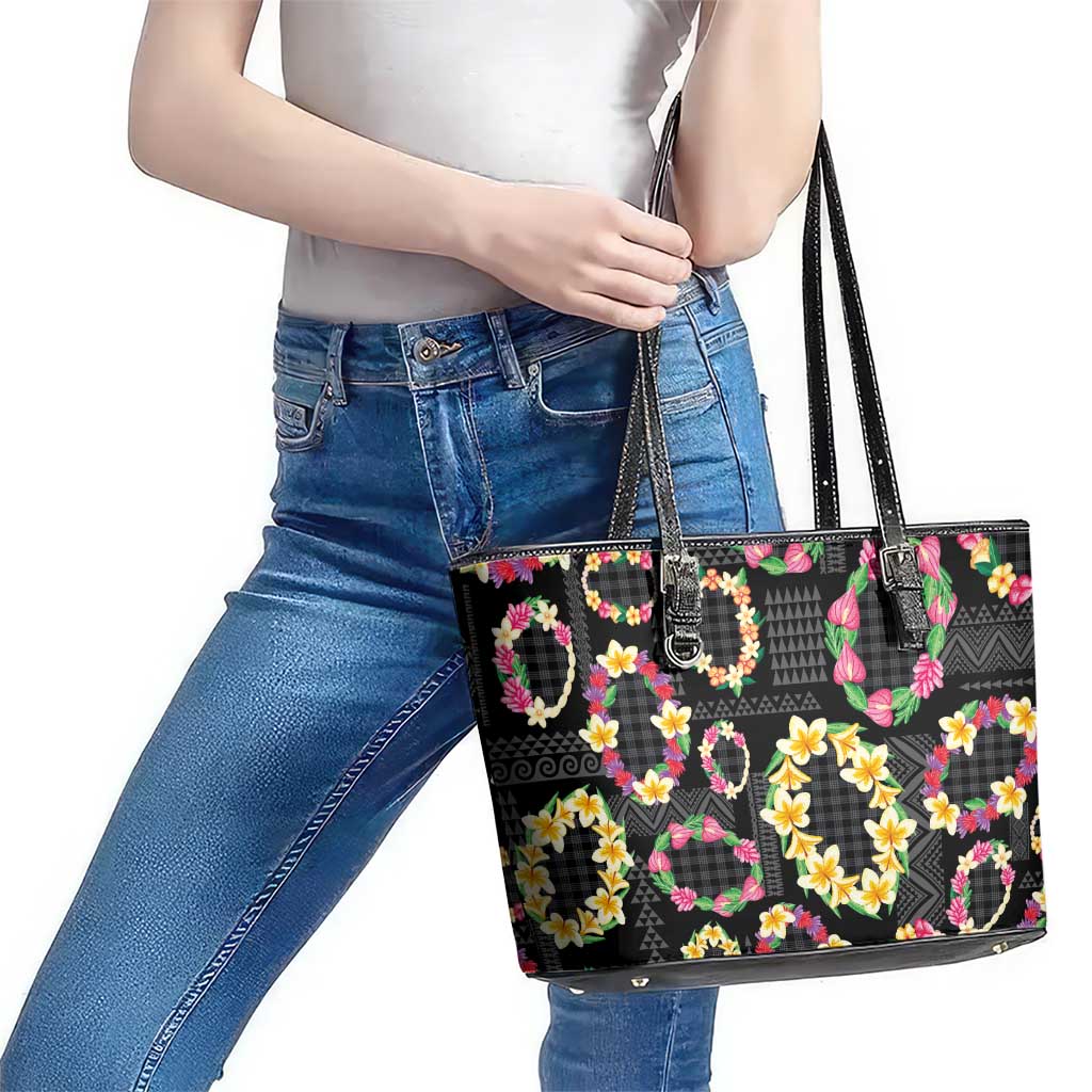 Hawaiian Kakau Tattoo Leis and Palaka Pattern Leather Tote Bag Traditional Aloha Tribal Black Color