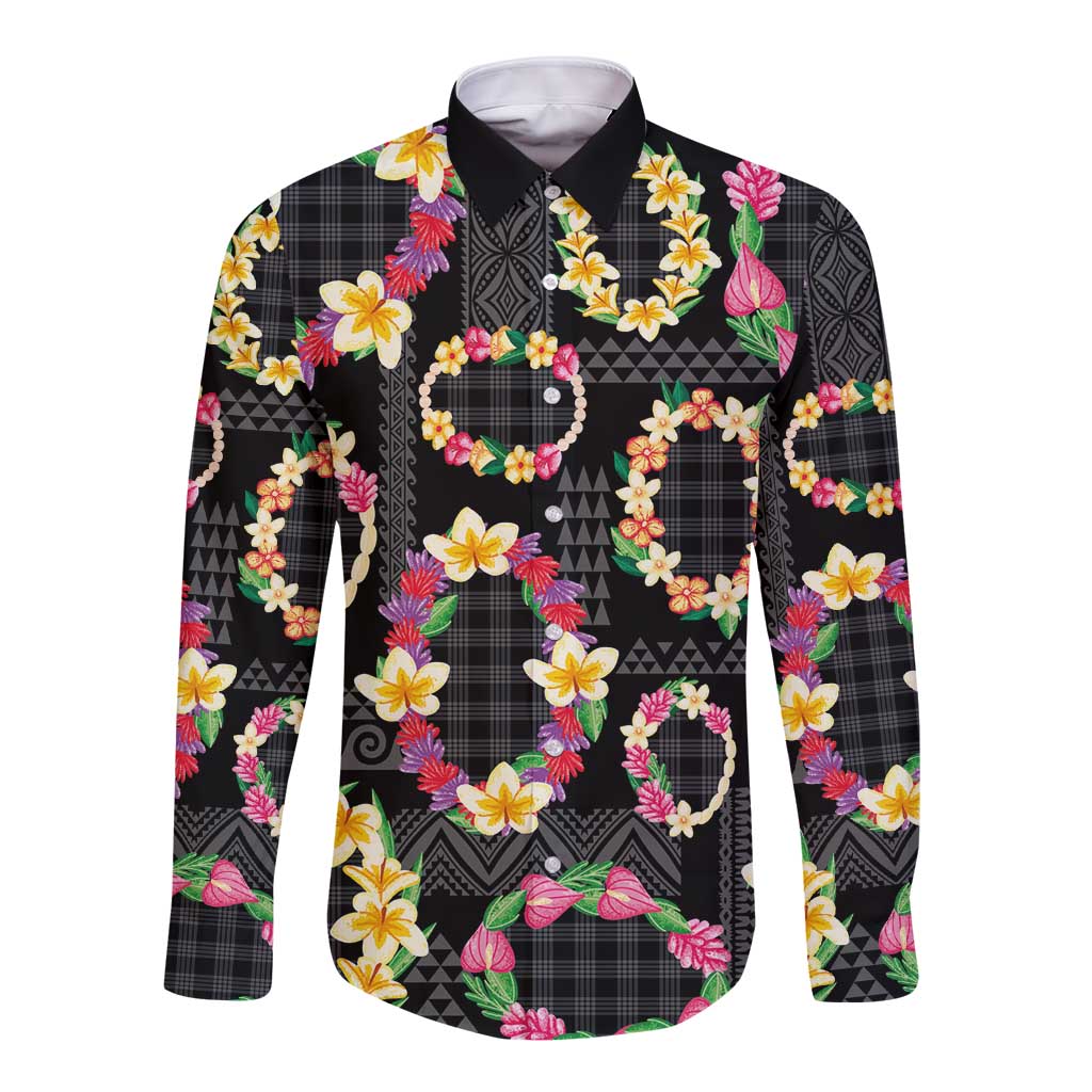 Hawaiian Kakau Tattoo Leis and Palaka Pattern Long Sleeve Button Shirt Traditional Aloha Tribal Black Color LT03 Unisex Black - Polynesian Pride