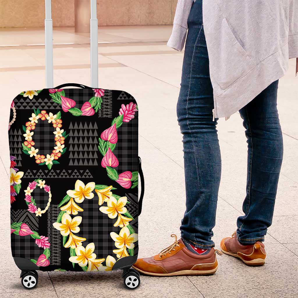 Hawaiian Kakau Tattoo Leis and Palaka Pattern Luggage Cover Traditional Aloha Tribal Black Color