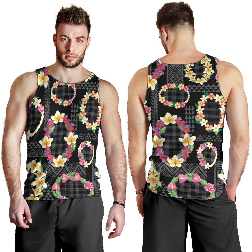 Hawaiian Kakau Tattoo Leis and Palaka Pattern Men Tank Top Traditional Aloha Tribal Black Color