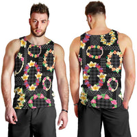 Hawaiian Kakau Tattoo Leis and Palaka Pattern Men Tank Top Traditional Aloha Tribal Black Color