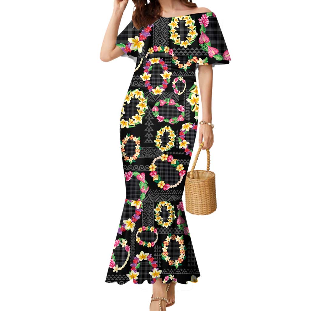 Hawaiian Kakau Tattoo Leis and Palaka Pattern Mermaid Dress Traditional Aloha Tribal Black Color LT03 Women Black - Polynesian Pride