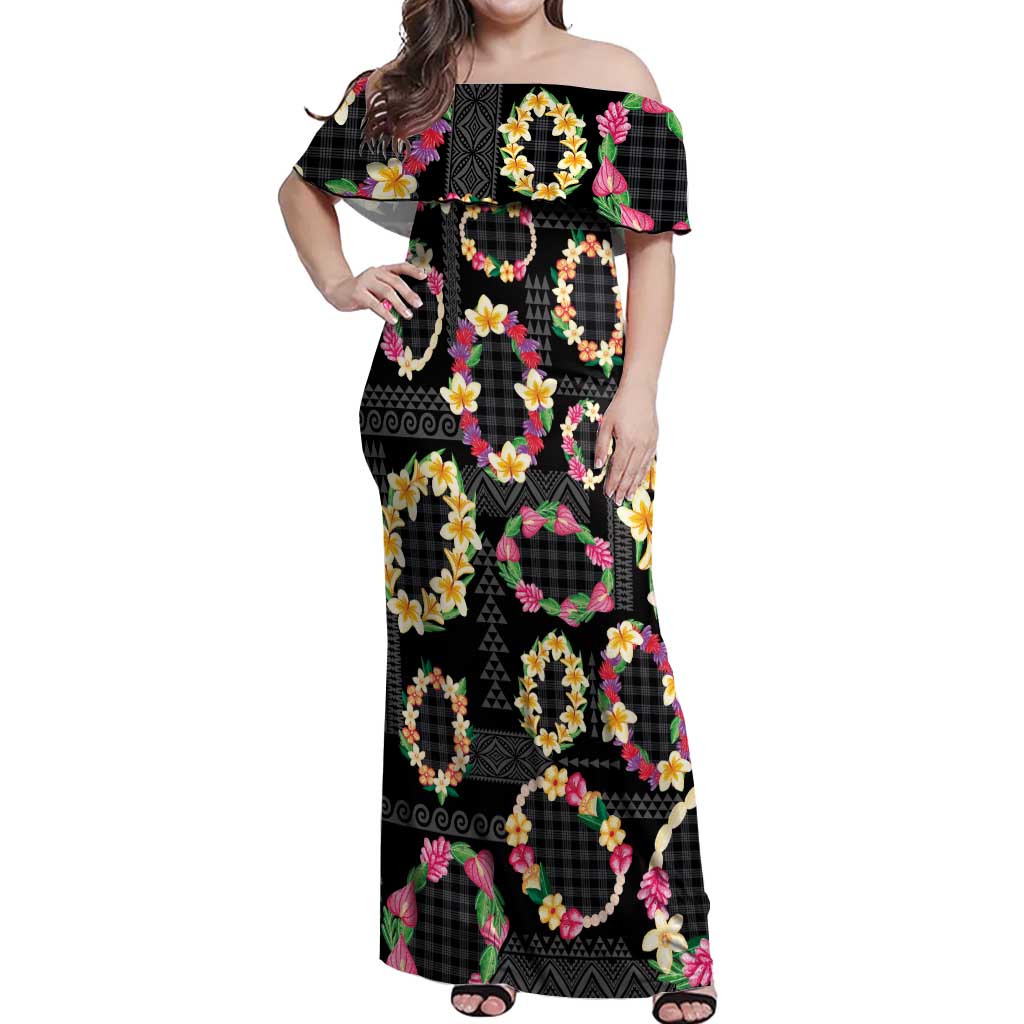 Hawaiian Kakau Tattoo Leis and Palaka Pattern Off Shoulder Maxi Dress Traditional Aloha Tribal Black Color LT03 Women Black - Polynesian Pride