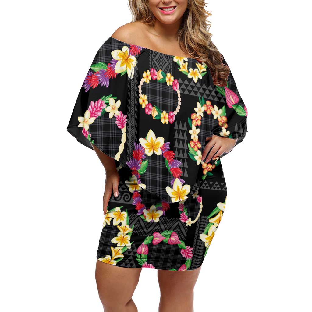 Hawaiian Kakau Tattoo Leis and Palaka Pattern Off Shoulder Short Dress Traditional Aloha Tribal Black Color