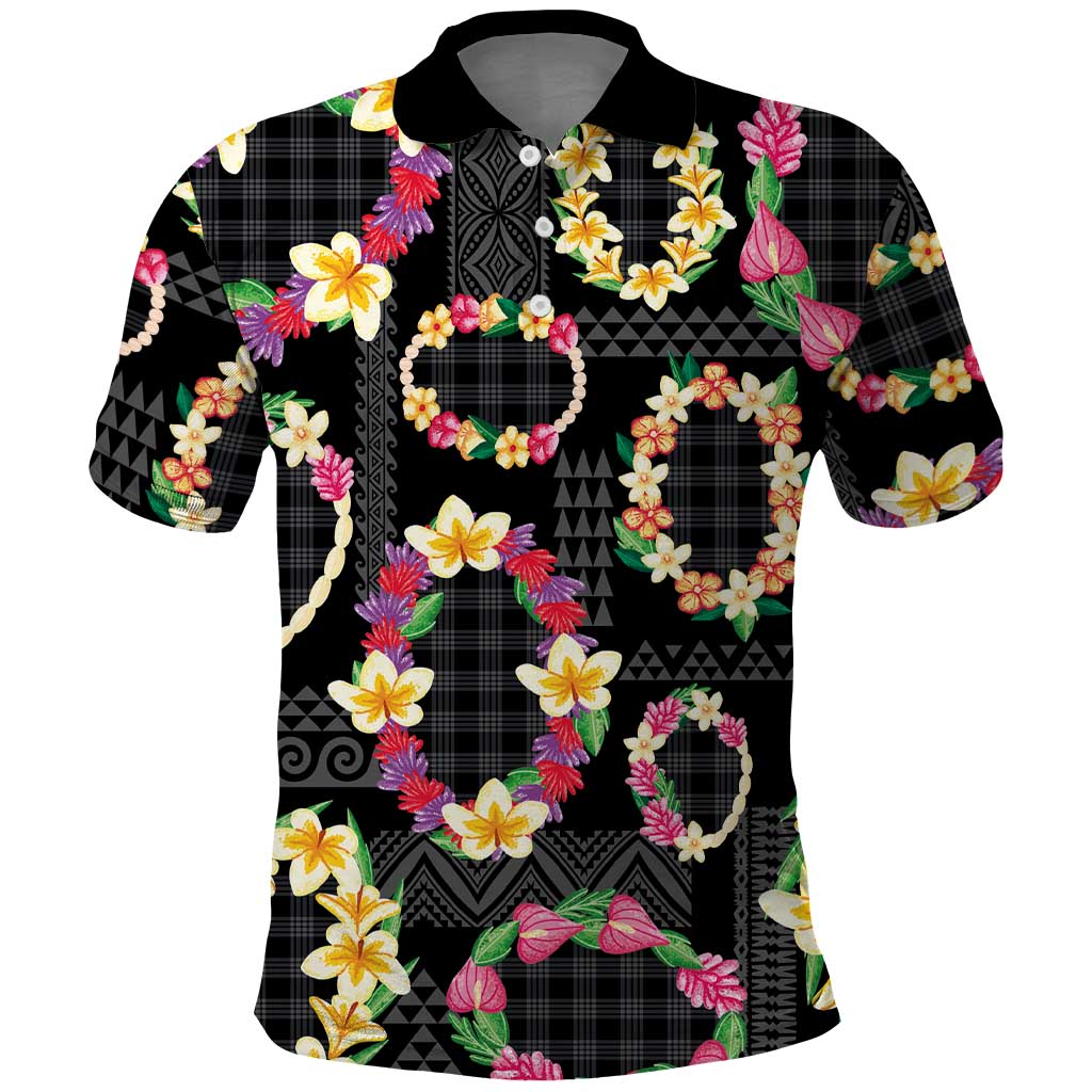 Hawaiian Kakau Tattoo Leis and Palaka Pattern Polo Shirt Traditional Aloha Tribal Black Color
