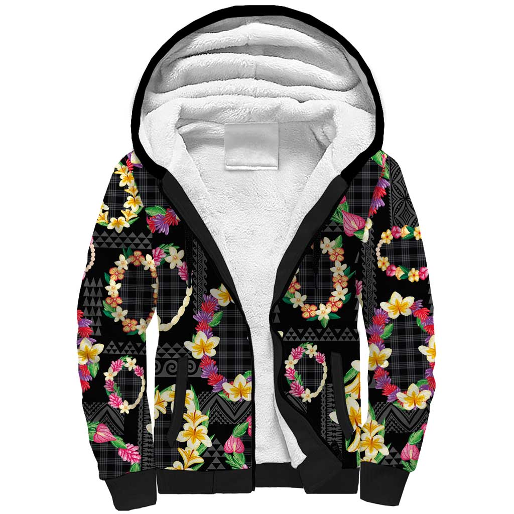 Hawaiian Kakau Tattoo Leis and Palaka Pattern Sherpa Hoodie Traditional Aloha Tribal Black Color