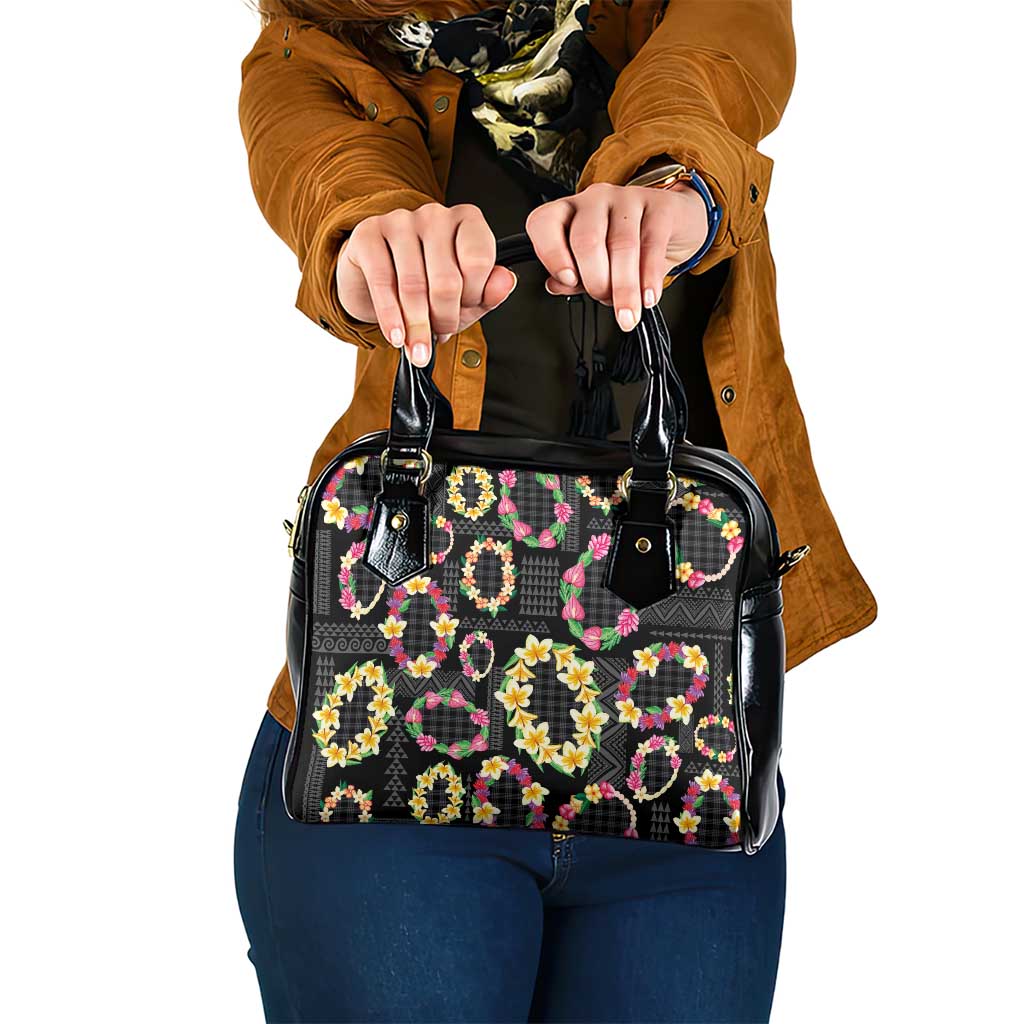 Hawaiian Kakau Tattoo Leis and Palaka Pattern Shoulder Handbag Traditional Aloha Tribal Black Color LT03 One Size Black - Polynesian Pride