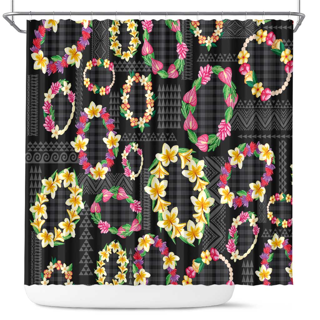 Hawaiian Kakau Tattoo Leis and Palaka Pattern Shower Curtain Traditional Aloha Tribal Black Color