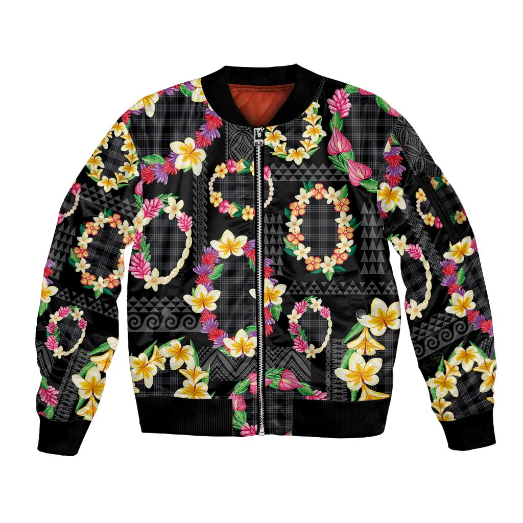 Hawaiian Kakau Tattoo Leis and Palaka Pattern Sleeve Zip Bomber Jacket Traditional Aloha Tribal Black Color LT03 Unisex Black - Polynesian Pride
