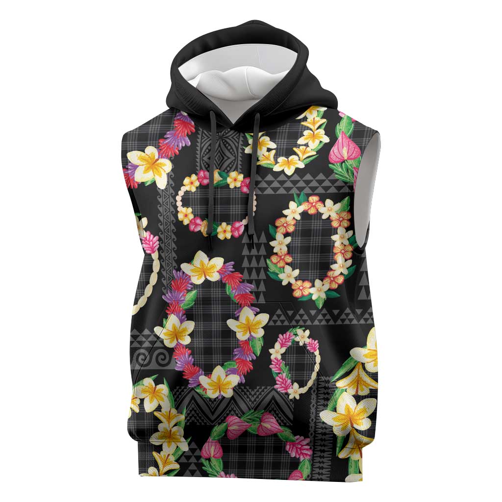 Hawaiian Kakau Tattoo Leis and Palaka Pattern Sleeveless Hoodie Traditional Aloha Tribal Black Color LT03 Black - Polynesian Pride