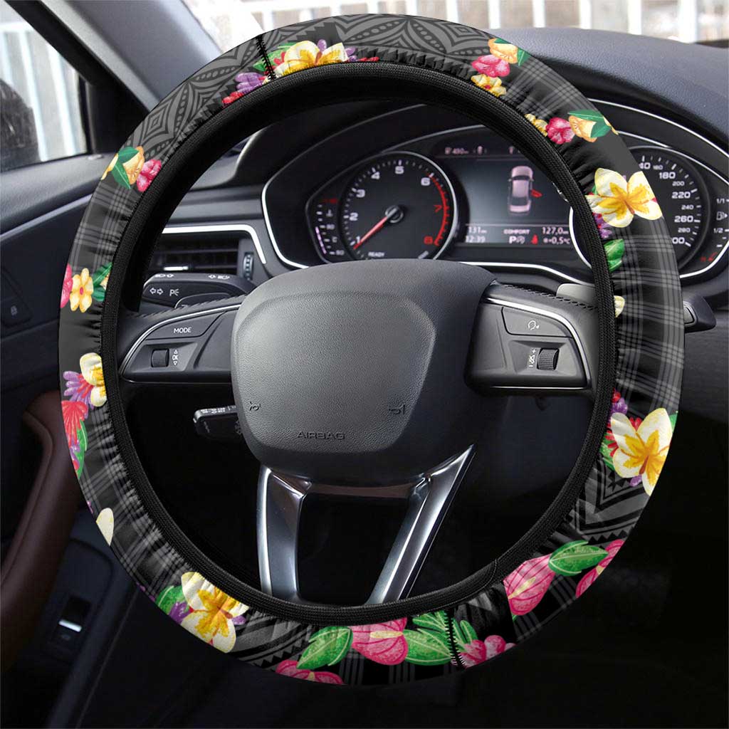 Hawaiian Kakau Tattoo Leis and Palaka Pattern Steering Wheel Cover Traditional Aloha Tribal Black Color