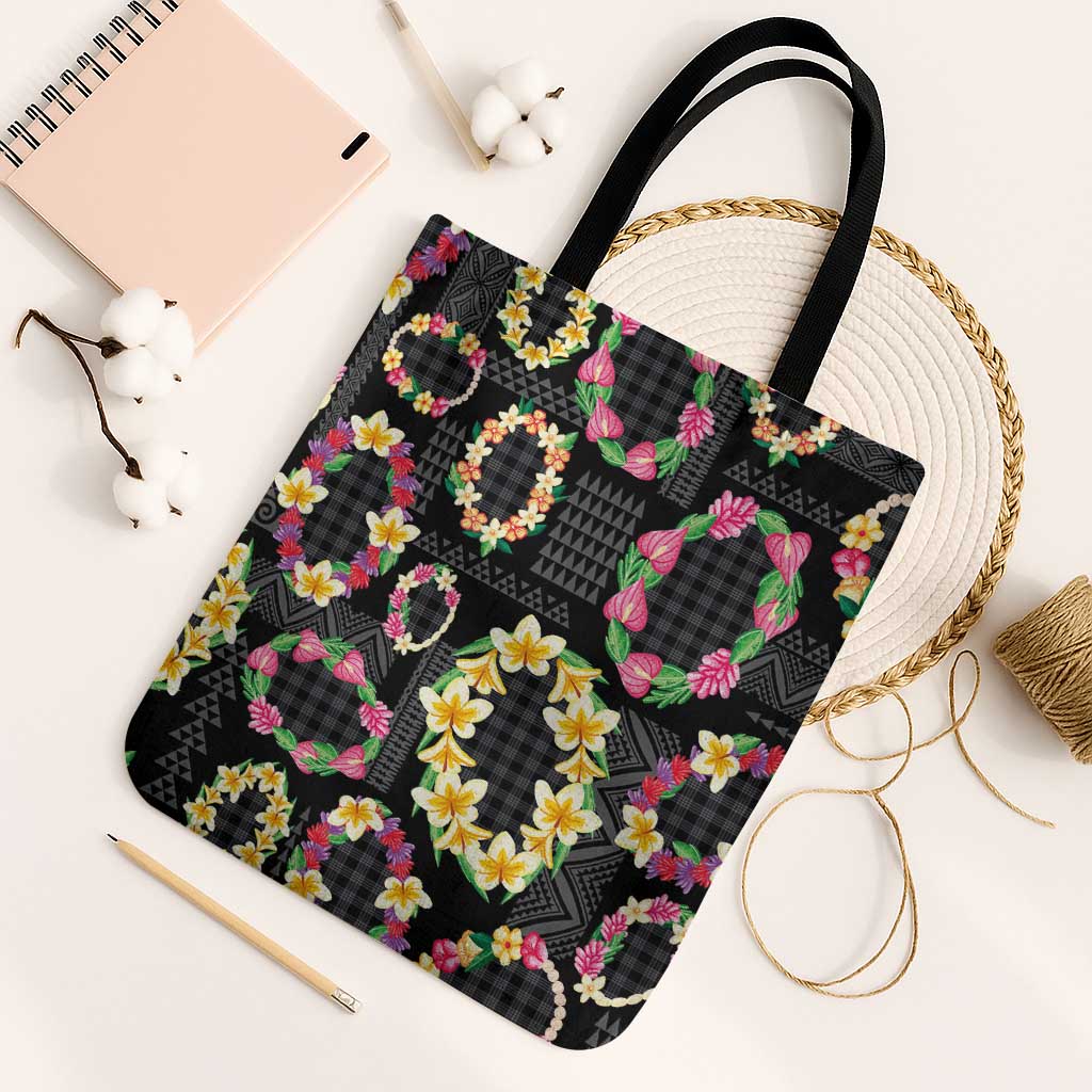 Hawaiian Kakau Tattoo Leis and Palaka Pattern Tote Bag Traditional Aloha Tribal Black Color LT03 Black Strap One Size Black - Polynesian Pride