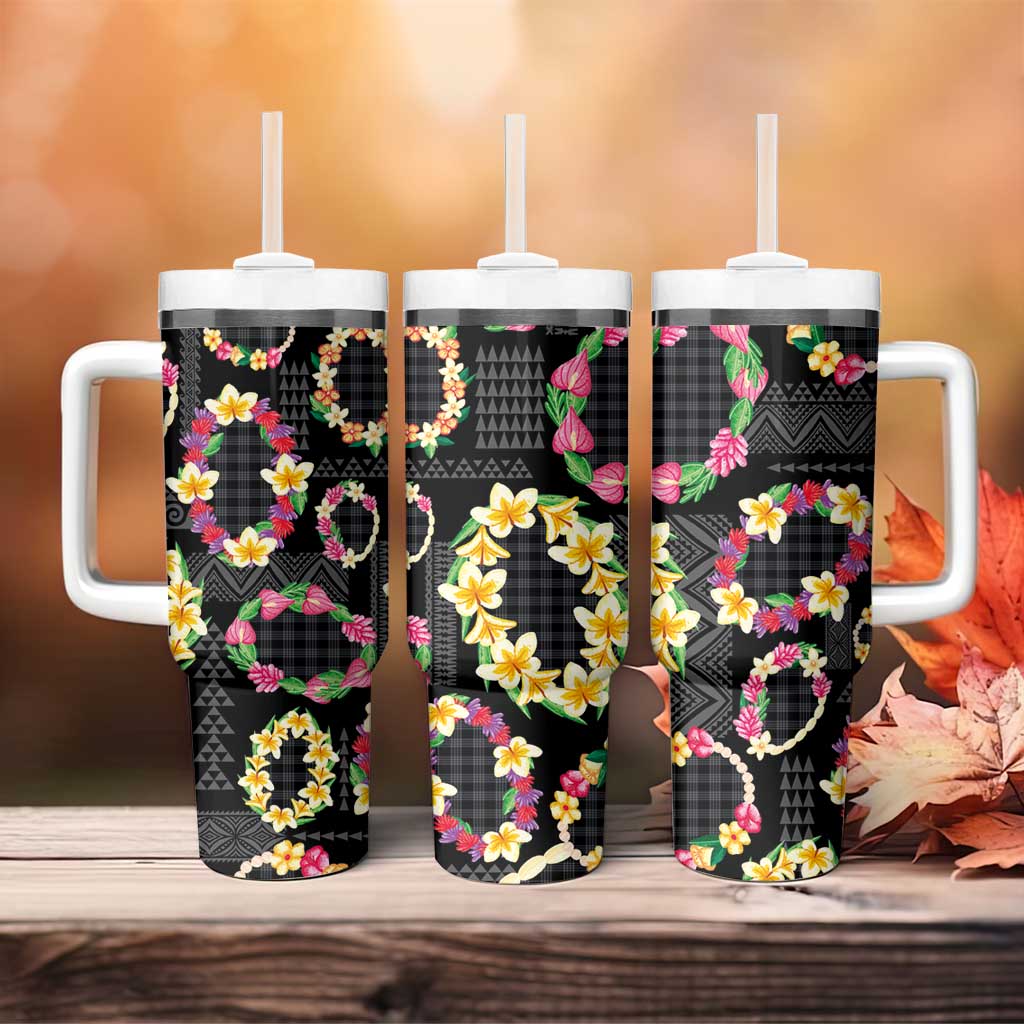 Hawaiian Kakau Tattoo Leis and Palaka Pattern Tumbler With Handle Traditional Aloha Tribal Black Color