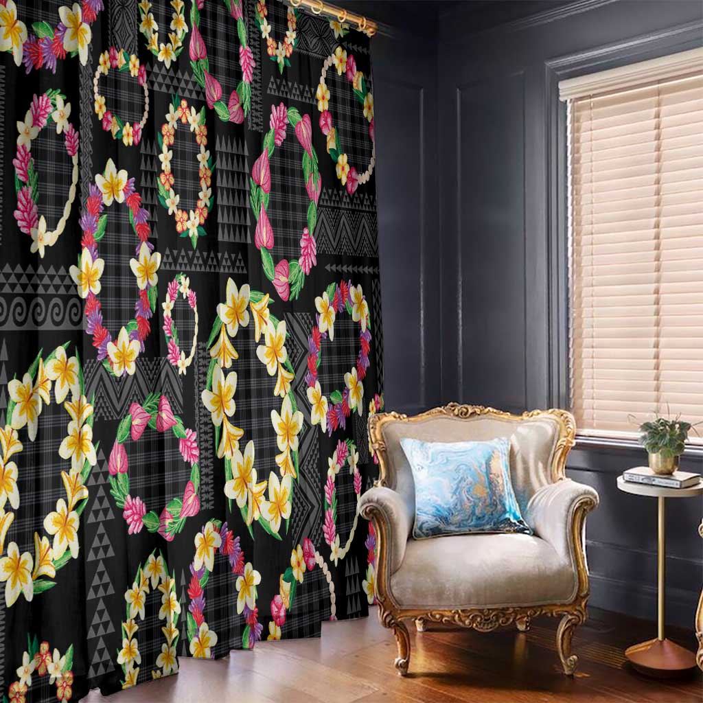 Hawaiian Kakau Tattoo Leis and Palaka Pattern Window Curtain Traditional Aloha Tribal Black Color