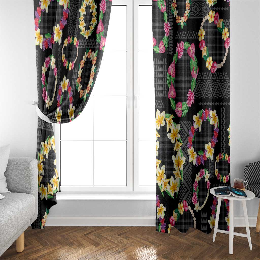 Hawaiian Kakau Tattoo Leis and Palaka Pattern Window Curtain Traditional Aloha Tribal Black Color