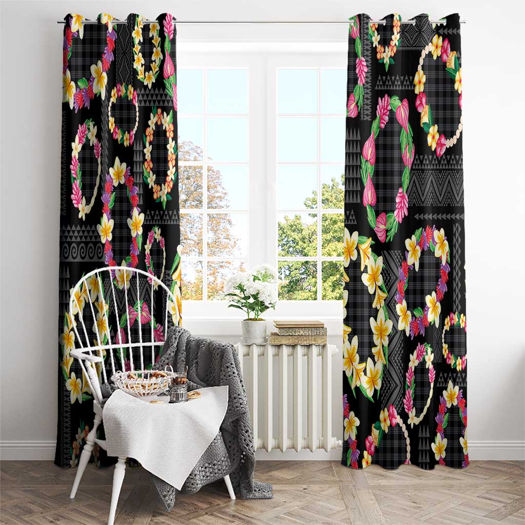 Hawaiian Kakau Tattoo Leis and Palaka Pattern Window Curtain Traditional Aloha Tribal Black Color