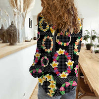 Hawaiian Kakau Tattoo Leis and Palaka Pattern Women Casual Shirt Traditional Aloha Tribal Black Color